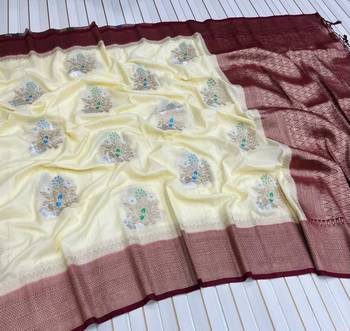 Off White Color jari Meena Jaqurad Weveing work Khadi Silk Blend Georgette Saree 2