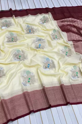 Off White Color jari Meena Jaqurad Weveing work Khadi Silk Blend Georgette Saree