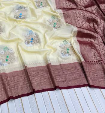 Off White Color jari Meena Jaqurad Weveing work Khadi Silk Blend Georgette Saree 3