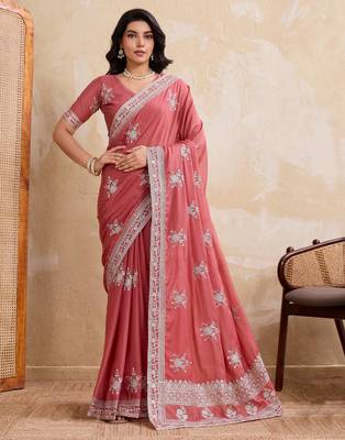 Dreamy peach star georgette embroidery chain-stitch work saree with star georgette blouse 1