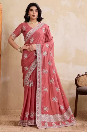 Dreamy peach star georgette embroidery chain-stitch work saree with star georgette blouse