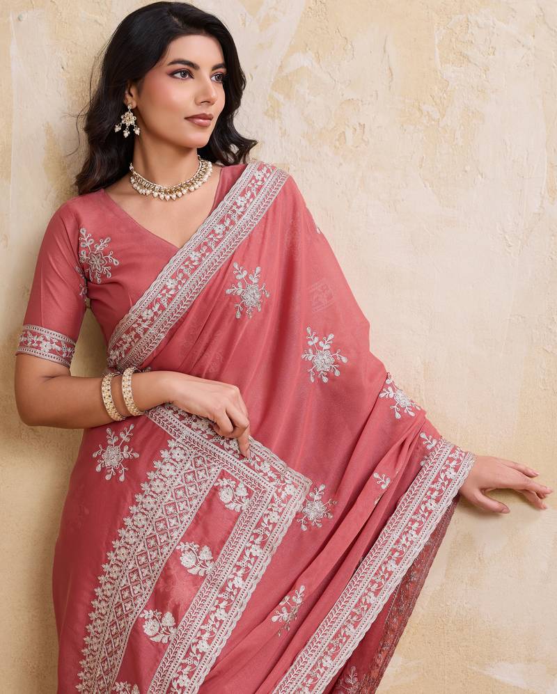 Dreamy peach star georgette embroidery chain-stitch work saree with star georgette blouse