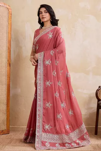 Dreamy peach star georgette embroidery chain-stitch work saree with star georgette blouse