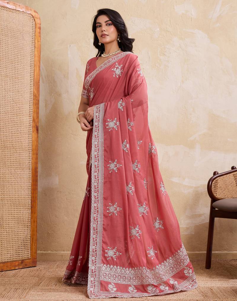 Dreamy peach star georgette embroidery chain-stitch work saree with star georgette blouse