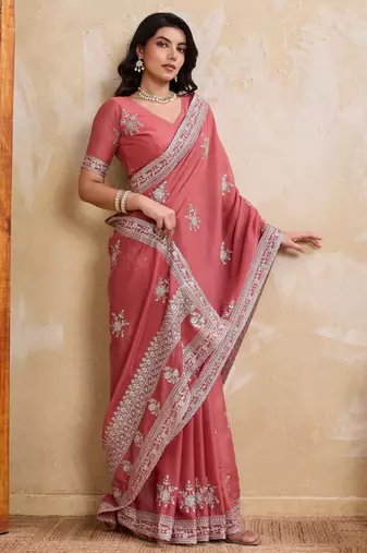 Dreamy peach star georgette embroidery chain-stitch work saree with star georgette blouse