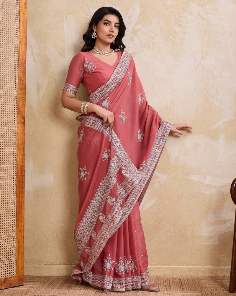 Dreamy peach star georgette embroidery chain-stitch work saree with star georgette blouse