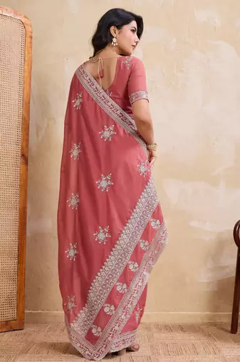 Dreamy peach star georgette embroidery chain-stitch work saree with star georgette blouse