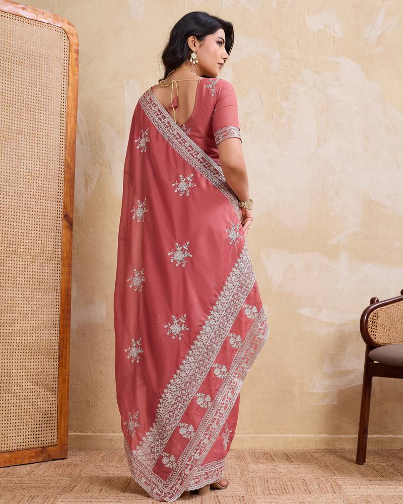 Dreamy peach star georgette embroidery chain-stitch work saree with star georgette blouse