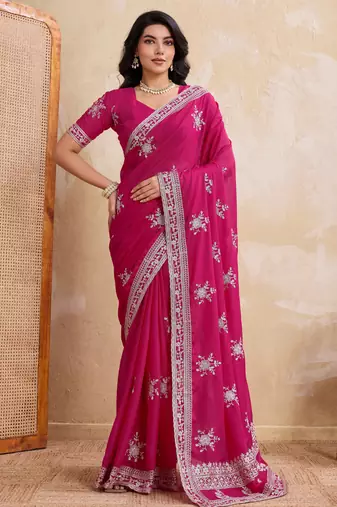 Enticing magenta star georgette embroidery chain-stitch work saree with star georgette blouse