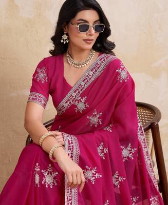 Enticing magenta star georgette embroidery chain-stitch work saree with star georgette blouse 2