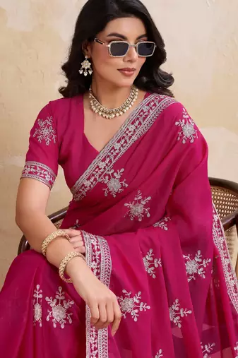 Enticing magenta star georgette embroidery chain-stitch work saree with star georgette blouse
