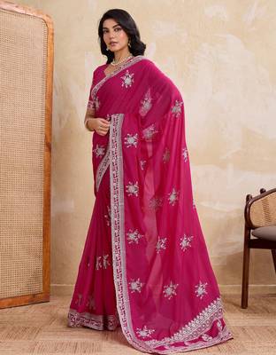 Enticing magenta star georgette embroidery chain-stitch work saree with star georgette blouse 3