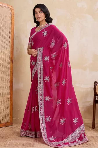 Enticing magenta star georgette embroidery chain-stitch work saree with star georgette blouse