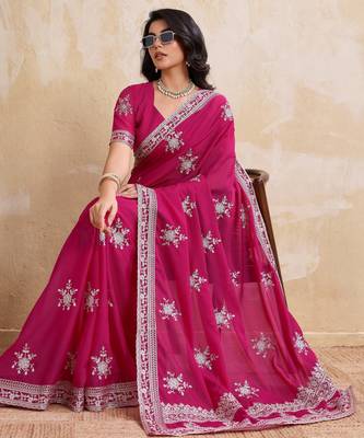 Enticing magenta star georgette embroidery chain-stitch work saree with star georgette blouse 4
