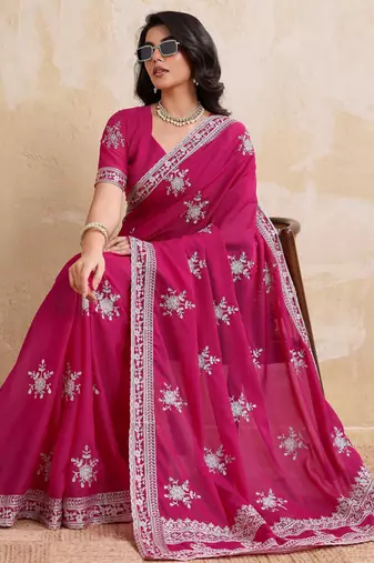 Enticing magenta star georgette embroidery chain-stitch work saree with star georgette blouse