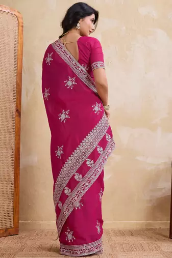 Enticing magenta star georgette embroidery chain-stitch work saree with star georgette blouse