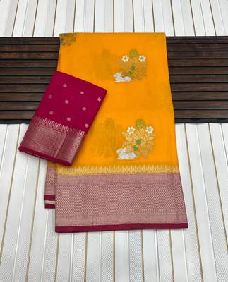 Yellow Color jari Meena Jaqurad Weveing work Khadi Silk Blend Georgette Saree 1