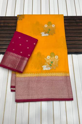 Yellow Color jari Meena Jaqurad Weveing work Khadi Silk Blend Georgette Saree