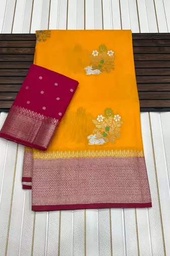 Yellow Color jari Meena Jaqurad Weveing work Khadi Silk Blend Georgette Saree