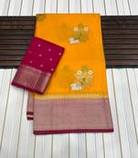 Yellow Color jari Meena Jaqurad Weveing work Khadi Silk Blend Georgette Saree