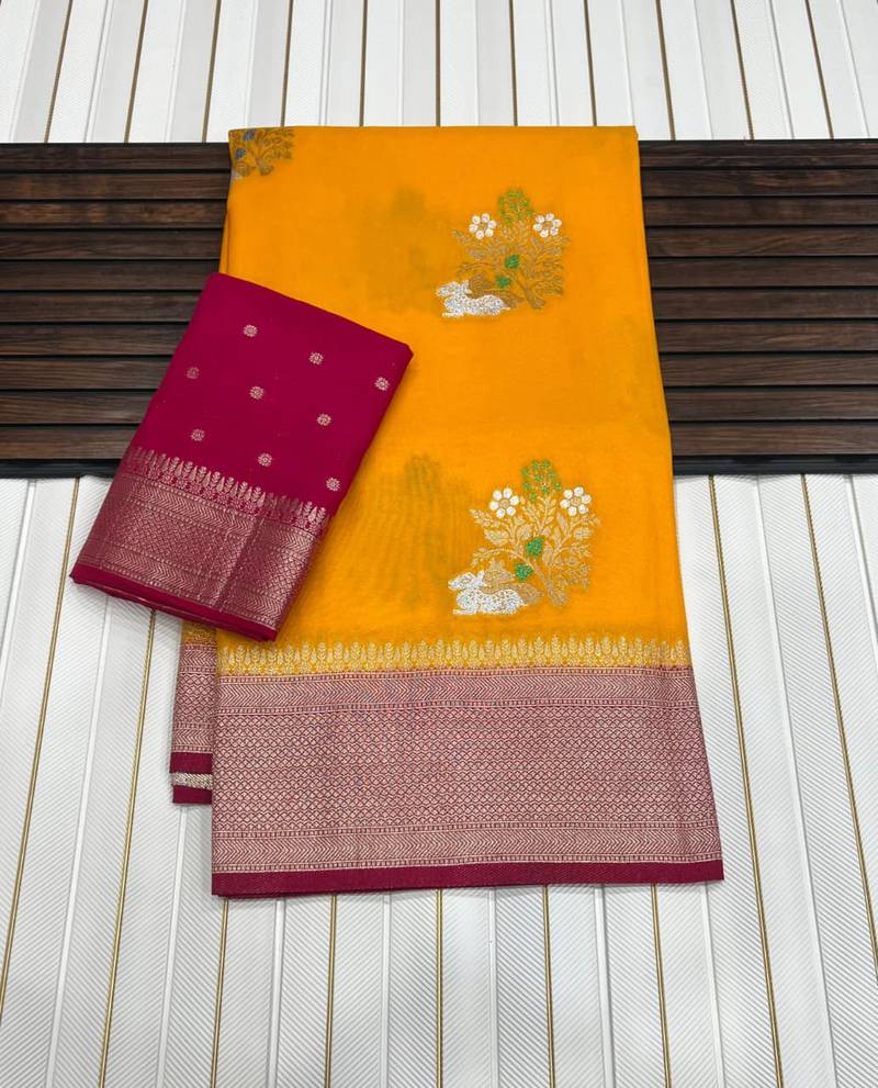 Yellow Color jari Meena Jaqurad Weveing work Khadi Silk Blend Georgette Saree