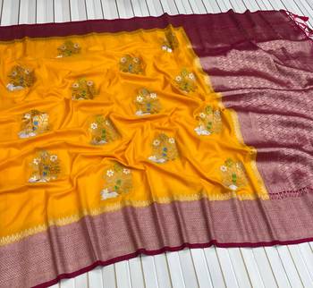 Yellow Color jari Meena Jaqurad Weveing work Khadi Silk Blend Georgette Saree 2