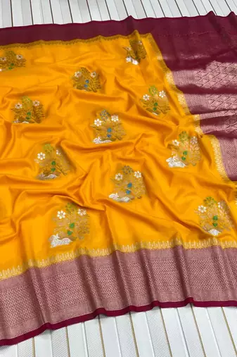 Yellow Color jari Meena Jaqurad Weveing work Khadi Silk Blend Georgette Saree
