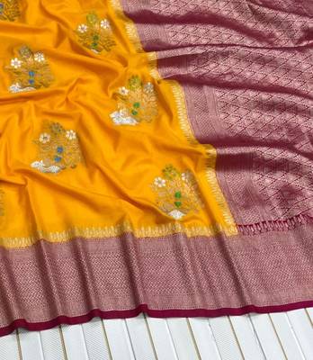 Yellow Color jari Meena Jaqurad Weveing work Khadi Silk Blend Georgette Saree 3