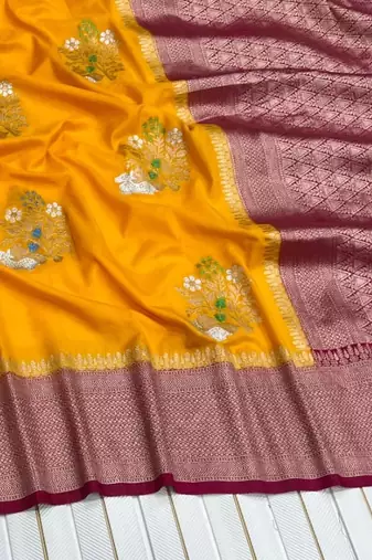 Yellow Color jari Meena Jaqurad Weveing work Khadi Silk Blend Georgette Saree