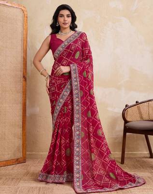 Appetizing pink georgette bandhej print with cutwork lace border saree with mono banglory silk blouse 1