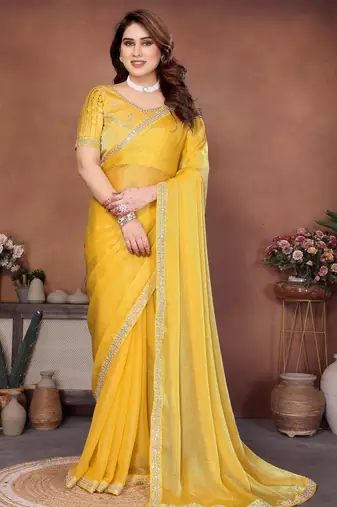 Provocative yellow fendy chiffon beads embroidery work lace border   saree with fendy chiffon blouse