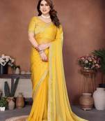 Provocative yellow fendy chiffon beads embroidery work lace border   saree with fendy chiffon blouse