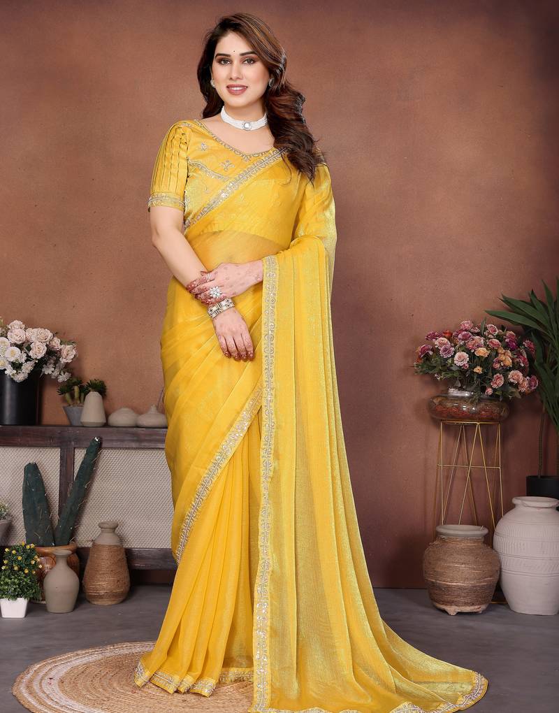 Provocative yellow fendy chiffon beads embroidery work lace border   saree with fendy chiffon blouse