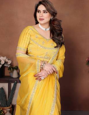 Provocative yellow fendy chiffon beads embroidery work lace border  saree with fendy chiffon blouse 2