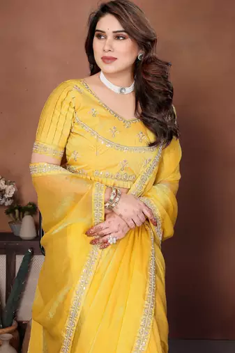 Provocative yellow fendy chiffon beads embroidery work lace border   saree with fendy chiffon blouse