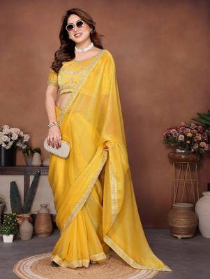 Provocative yellow fendy chiffon beads embroidery work lace border  saree with fendy chiffon blouse 3