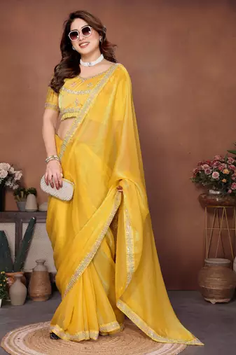Provocative yellow fendy chiffon beads embroidery work lace border   saree with fendy chiffon blouse
