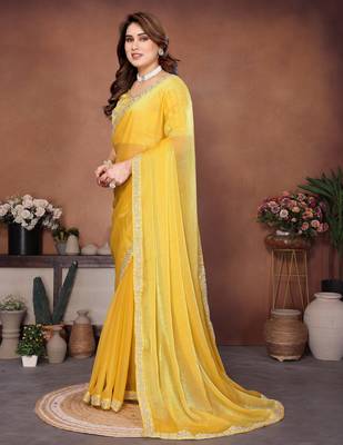 Provocative yellow fendy chiffon beads embroidery work lace border  saree with fendy chiffon blouse 4