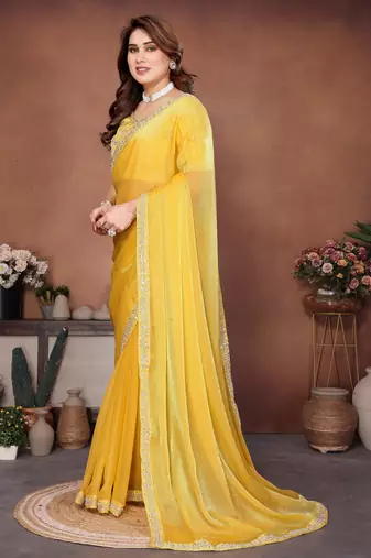 Provocative yellow fendy chiffon beads embroidery work lace border   saree with fendy chiffon blouse