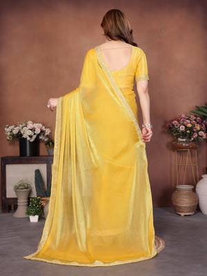 Provocative yellow fendy chiffon beads embroidery work lace border  saree with fendy chiffon blouse 5