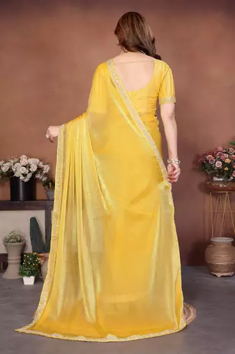Provocative yellow fendy chiffon beads embroidery work lace border   saree with fendy chiffon blouse