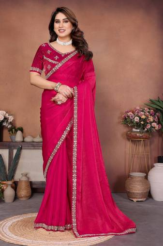 Winning pink fendy chiffon beads embroidery work lace border   saree with fendy chiffon blouse