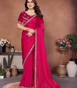 Winning pink fendy chiffon beads embroidery work lace border   saree with fendy chiffon blouse