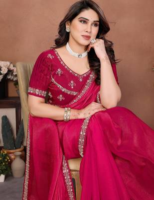 Winning pink fendy chiffon beads embroidery work lace border  saree with fendy chiffon blouse 2