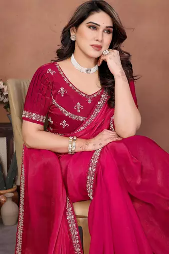 Winning pink fendy chiffon beads embroidery work lace border   saree with fendy chiffon blouse