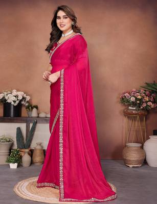 Winning pink fendy chiffon beads embroidery work lace border  saree with fendy chiffon blouse 3