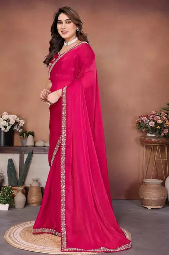 Winning pink fendy chiffon beads embroidery work lace border   saree with fendy chiffon blouse