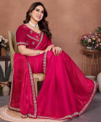 Winning pink fendy chiffon beads embroidery work lace border  saree with fendy chiffon blouse 4