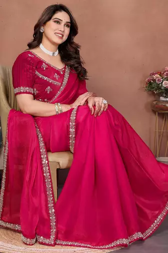 Winning pink fendy chiffon beads embroidery work lace border   saree with fendy chiffon blouse