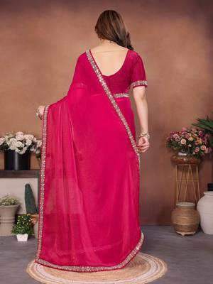 Winning pink fendy chiffon beads embroidery work lace border  saree with fendy chiffon blouse 5
